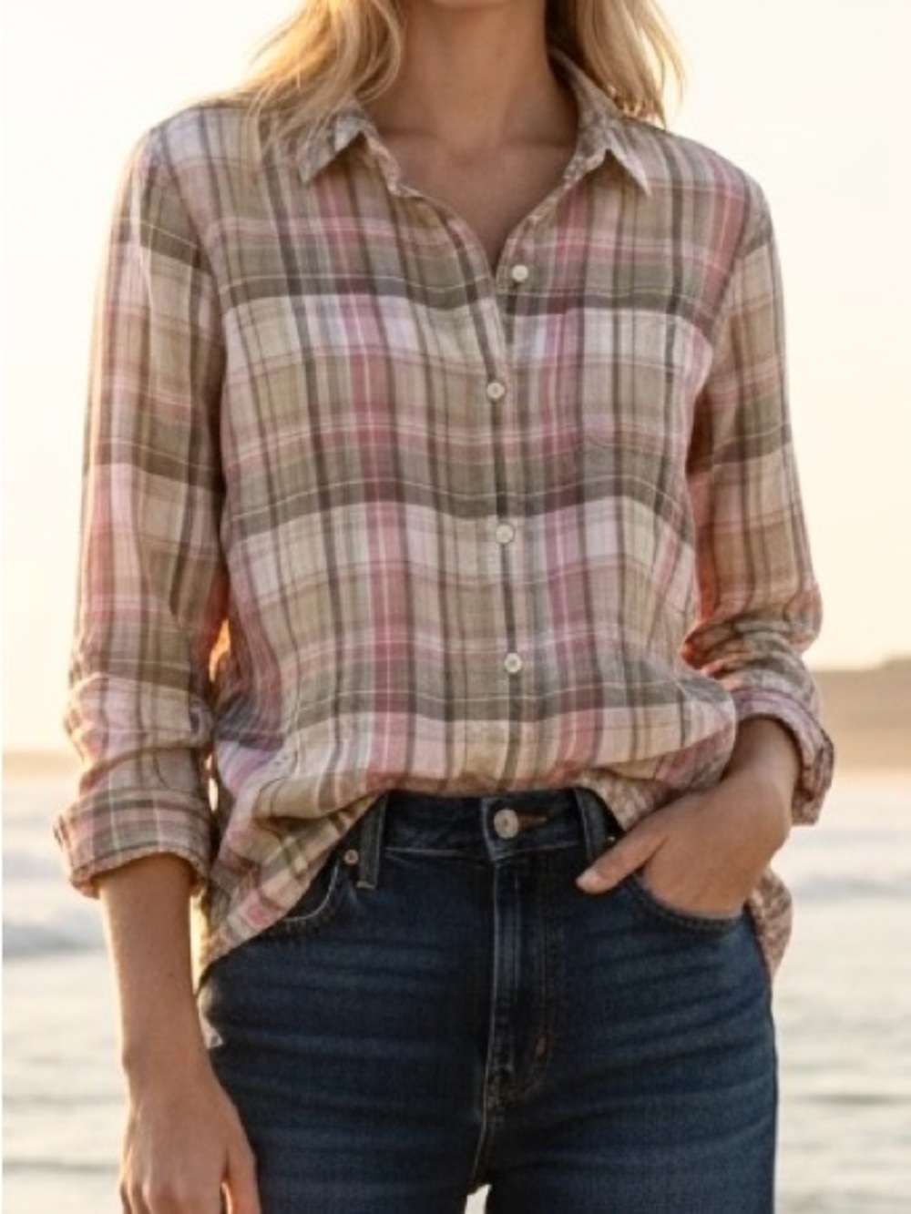 Lauren Ralph Lauren Pink & Olive Plaid Linen Button-Down Shirt